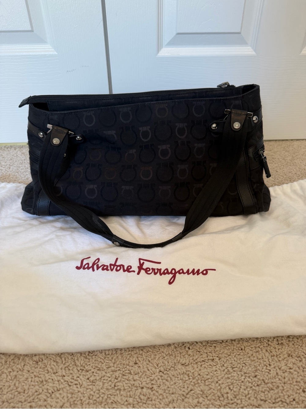 Salvatore Ferragamo Black Gancini Monogram Canvas & Leather Shoulder Bag Tote